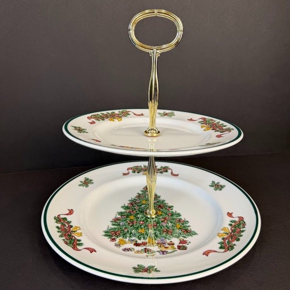 Vintage Johnson Brothers Victorian Christmas 2-Tier Serving Plate, England